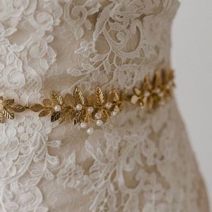 Bridal gold leaves and pearls belt or headband